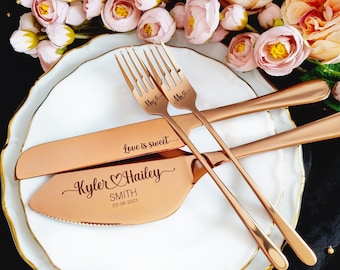 Rose Gold Cake Cutting Set for Weddings | Server Knife and Forks Set, Engraved Cake Cutter Serving Set for Bridal Shower Wedding Gift