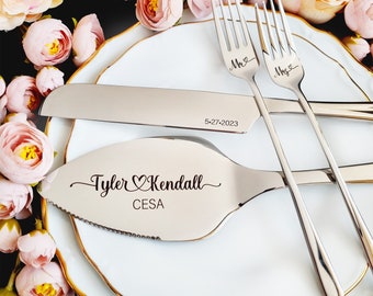 Wedding Cake Cutting Set Server Knife and Forks, Engraved Cake Cutter Serving Set for Bridal Shower Wedding Gift