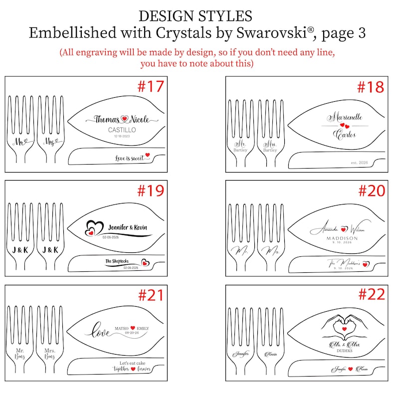 Design chart page 3 for designs with Crystals by Swarovski® inlaid cake sets. Styles 17 to 22 feature red heart crystal accents with modern script, heart swirls, and heart hand motifs. Ideal for customized luxury wedding gifts for newlyweds and brides.