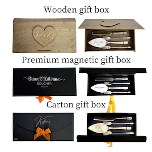 Comparison of three wedding gift boxes: rustic wooden book-style box with heart, premium black magnetic closure box, and matte black carton box. Images show boxes closed with custom engraving and open displaying 4-piece gold and silver cake sets.