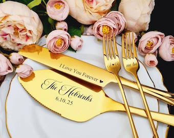 Personalisierte Goldhochzeitstag Kuchen Set 4-teilige klassische gravierte Serviermesser-Gabel-Box