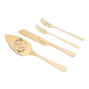 Gold Cake Cutting Set for Weddings Server Knife and Forks, Engraved Cake Cutter Serving Set for Bridal Shower Wedding + Carton or Wooden Gift Box