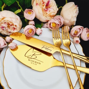 Gold Cake Cutting Set for Weddings Server Knife and Forks, Engraved Cake Cutter Serving Set for Bridal Shower Wedding + Carton or Wooden Gift Box