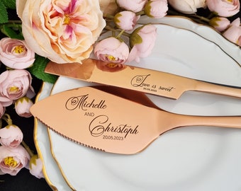 Juego de cortador y servir para pastel de boda en oro rosa, con servidor y cuchillo, y caja de regalo personalizada.