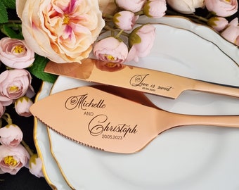 Benutzerdefinierte Rose Gold Kuchen Schneide Set für Hochzeiten Server und Messer, gravierte Kuchen Ausstecher Set für Brautparty Hochzeitsgeschenk