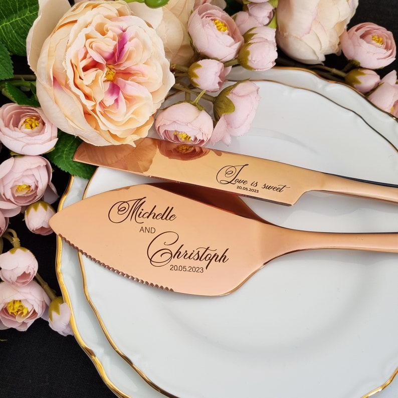 Custom Rose Gold Cake Cutting Set for Weddings Server and Knife, Engraved Cake Cutter Serving Set for Bridal Shower Wedding Gift