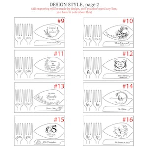 Engraving options page 2 for wedding sets. Styles 9 to 16 include wildflower wreaths, gothic skulls, skeleton heart hands, and elegant monograms. Designed for personalized rustic, bohemian, or dark romantic reception aesthetics.
