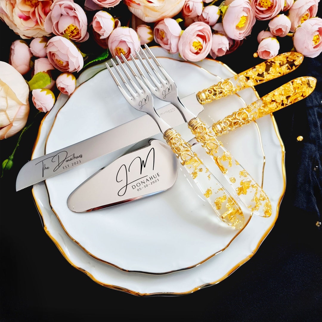 Unique Cake Server Knife & Forks Gold Wedding Cake Cutter Cutting