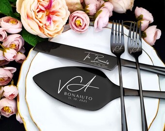 Personalized Black Wedding Cake Cutting Set, Engraved Knife, Server and Forks, Minimalist-Monogram, Bridal-Shower-Gift, Anniversary-Gift