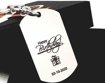 Personalized Birthday keychain, Engraved Stainless Steel Pendant Happy Birthday