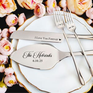 Personalized Silver Wedding Cake Cutting Set, Family Name Server, I Love You Forever Knife and Initial Forks, Bridal Shower Gift