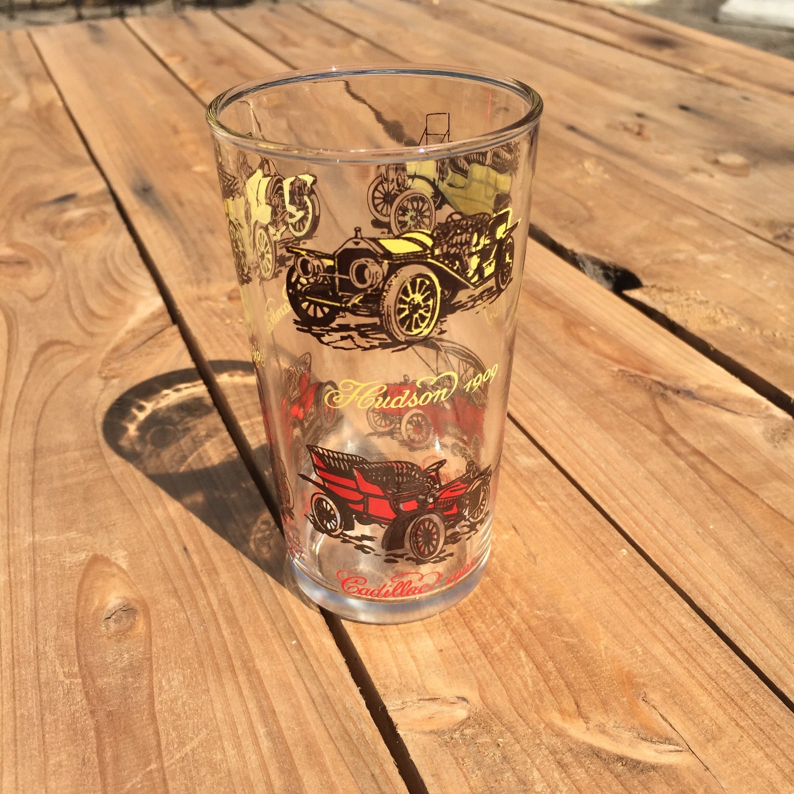 Antique Car Drinking Glass: Cadillac, Ford, Buick, Hudson, Rambler