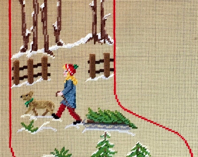 Needlepoint Christmas Stocking Girl With Tree Preworked Etsy
