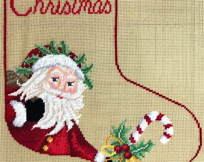 Needlepoint Preworked Christmas Stocking Canvas Santa Etsy