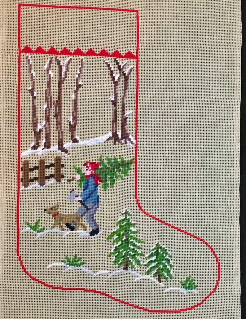 Needlepoint Christmas Stocking Boy With Tree Preworked Etsy