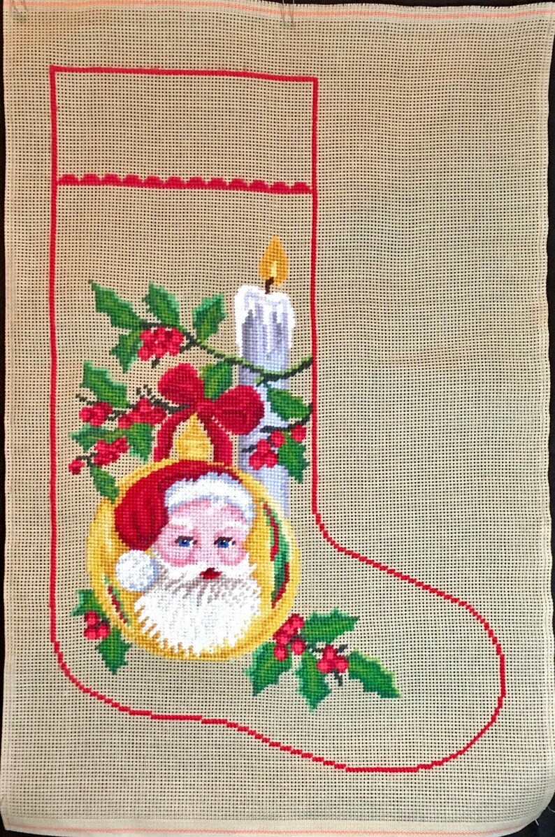 Preworked Needlepoint Christmas Stocking Santa Ornment Etsy