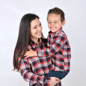 Mom and Son Valentine Outfits - Matching Red Plaid Shirts, Perfect for Valentine's Day, Cozy Mommy and Me Flannel Shirts