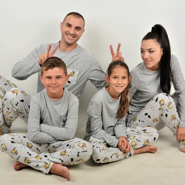 Pyjamas de famille assortis, pyjamas de famille assortis, pyjamas à imprimé chats, vêtements de détente assortis, pyjamas de famille gris, pyjamas assortis, vêtements de nuit pour toute la famille