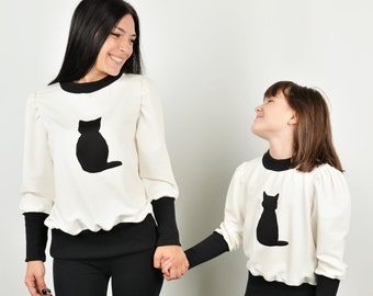 Mommy and Me Long Puff Sleeve White Tops, Matching Mother and Daughter Long Puff Sleve Tops, Volume Sleeve Sweatshirts, Black Cat Stitched