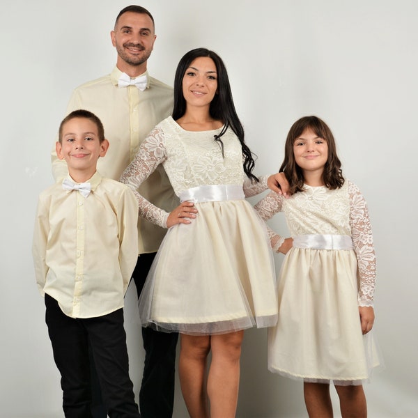 Family Matching Outfits, Mommy and Me Ecru Tulle Dresses, Matching Champagne Dress Shirts, Matching Champagne Lace Dress, Anniversary Gift