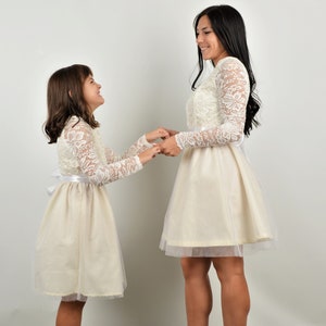 Matching Tulle Lace Dress, Mommy and Me Matching Dresses, Mother and Daughter Lace Circle Dress, Mini Me Long Sleeve Beige Tulle Lace Dress