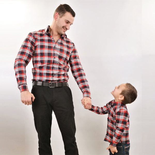 Matching Father Son Plaid Dress Shirts, Father Son Baby Toddler Plaid Outfit, Matching Red Tartan Plaid Shirt, Matching Flannel Plaid Shirt