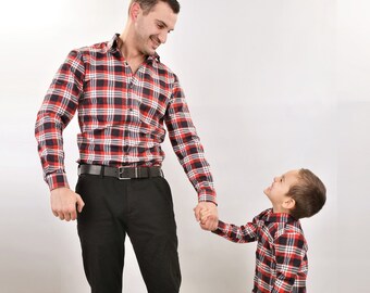 Matching Father Son Plaid Dress Shirts, Father Son Baby Toddler Plaid Outfit, Matching Red Tartan Plaid Shirt, Matching Flannel Plaid Shirt