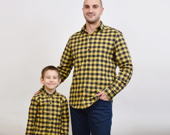 Matching Father Son Plaid Shirts, Matching Dad Boy Mustard Plaid Dress Shirts, Daddy and Me Plaid Shirt, Matching Black Yellow Tartan Shirts