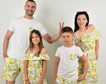 Family Hawaiian Outfit, Matching Family Outfits, Lemon Dresses for Mother and Daughter, Father Son Hawaii Shorts, Mommy and Me Aloha Dresses