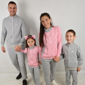 Family Matching Tracksuits, Matching Grey Joggersuits, Matching Family Sport Outfit, Matching Pink Jogger Suits, Pink & Grey Sweatsuits