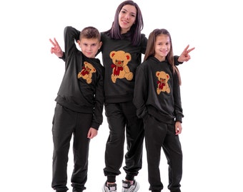 Mother Daughter Son Maching Black Hoody and Pants with Teddy Bear, Cute Teddy Bear Loungewear, Mom Boy Girl Matching Black Hooded Tracksuits