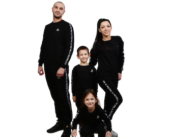 Ensembles familiaux de survêtement noirs assortis, tenues de sport pour la famille, survêtements assortis, pantalon de jogging et sweat-shirt noirs assortis, survêtement noir assorti