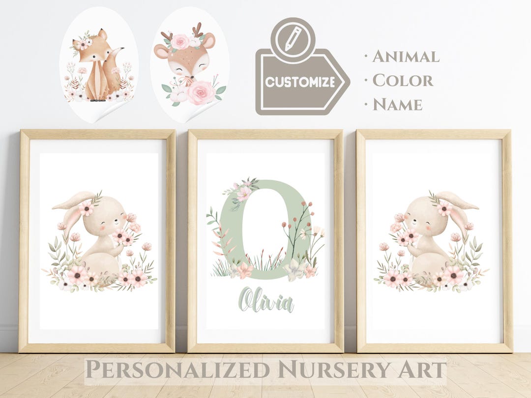 Personalized Bunny Nursery Decor · Rabbit Baby Name & Initial Print Set ...