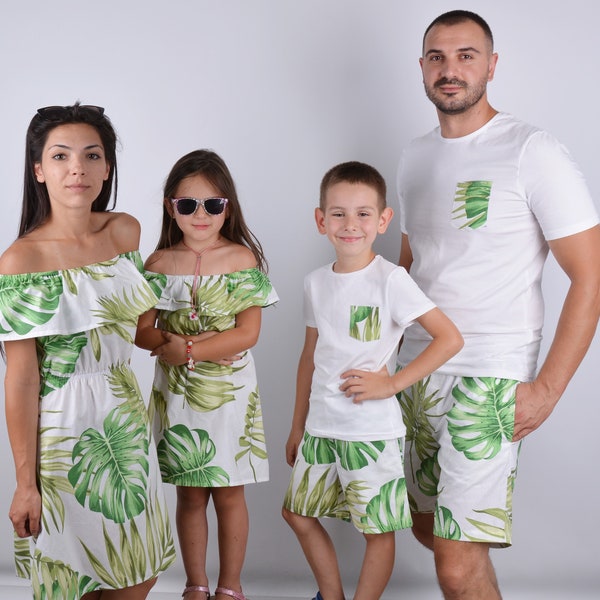 Tenue familiale hawaïenne assortie, shorts hawaïens t-shirts, imprimé tropical, ensemble familial assorti Aloha, chemise Aloha, t-shirts hawaïens maman papa enfants