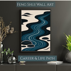Może przedstawiać: Abstrakcyjna grafika ścienna w czarnej ramie. Grafika przedstawia płynący wzór rzeki w odcieniach niebieskiego i kremowego. Tekst "FENG SHUI WALL ART" i "CAREER & LIFE PATH" jest wyświetlany nad i pod grafiką.