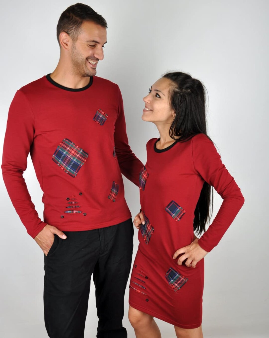 Matching Couple Christmas Outfit, His and Hers Outfit, Burgundy Dress Matching Couple Christmas Outfit