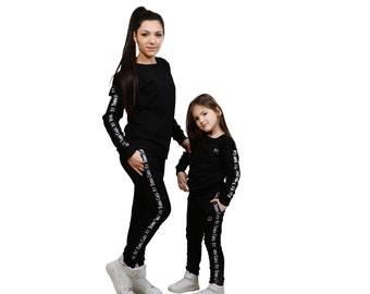 Mama und ich Sweatsuits, Mutter-Tochter-Sohn-Passende Sport-Outfits, passende schwarze Trainingsanzüge, Mama und ich schwarze Jogger und Sweatshirts