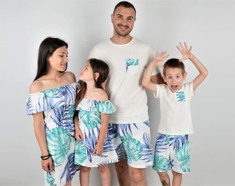 Tenue familiale hawaïenne assortie, shorts hawaïens t-shirts, imprimé tropical, ensemble familial assorti Aloha, robe hawaïenne, t-shirts hawaïens assortis