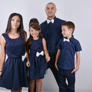 Family Matching Elegant Outfits, Navy Dress Shirts for Father and Son, Dark Blue Matching Dresses Mother Daughter, Family Matching Navy Set