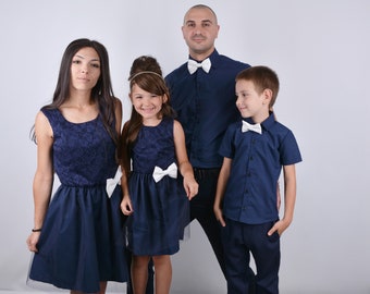 Family Matching Elegant Outfits, Navy Dress Shirts for Father and Son, Dark Blue Matching Dresses Mother Daughter, Family Matching Navy Set