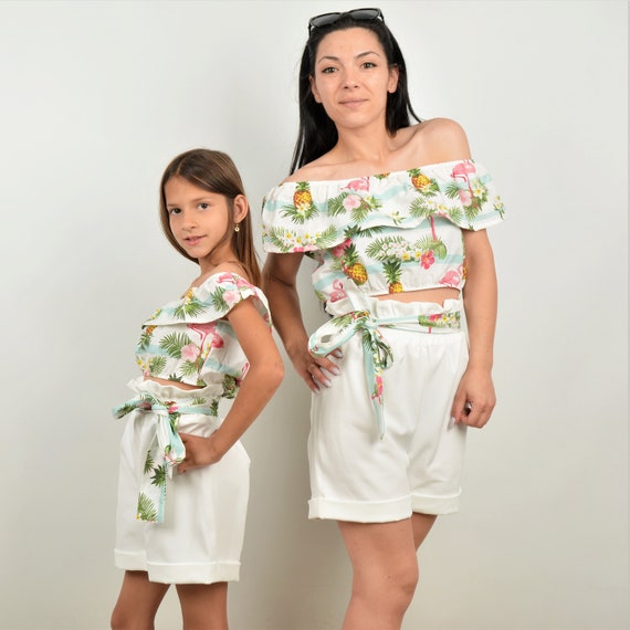 Mother Daughter Matching Outfit Flamingo Pineapple Off shoulders