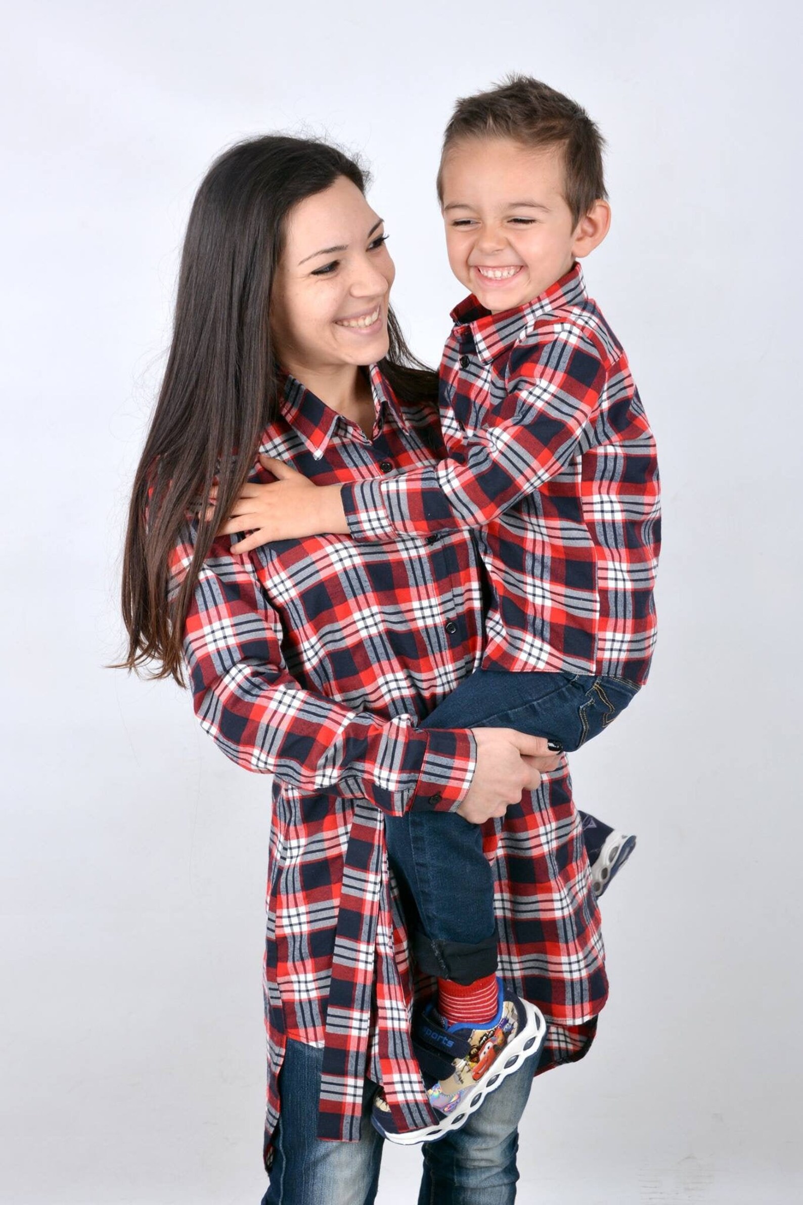 matching plaid shirts for mom and son