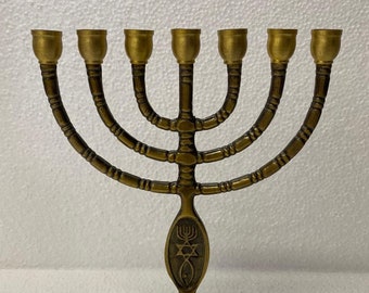 Brass Seven Branches Menorah With Graftitin Symble+Red Strim Breaclet Gift
