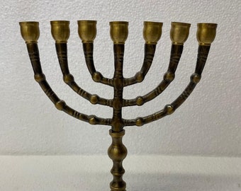 Classic Brass Seven Branches Menorah + Red Strim Breaclet as Gift