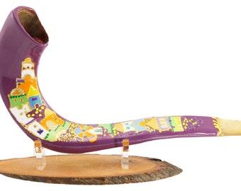 Hand-Painted Ram Horn Shofar - City Of Jerusalem Purple + Free Stand