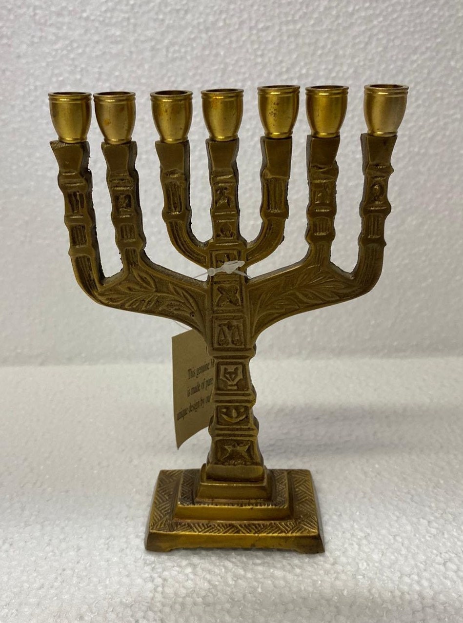 Small Brass Seven Branches Menorah 12 Tribes + Red Strim Breaclet as Gift