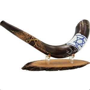 Hand Painted Rams Horn of Israel&#39;s Flag + Olive Wood Stand