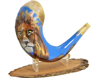 Hand-Painted Ram Horn Shofar - Lion Of Judah Shofar + Free Stand