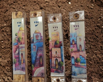 Large Mezozah Set of Jerusalem Painting Cuts on Olive Wood and Glass
