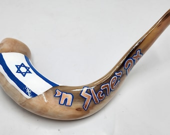 Hand Made Painted Ram's Horn Shofar With Israel Flag and Am Israel Chai+Bag